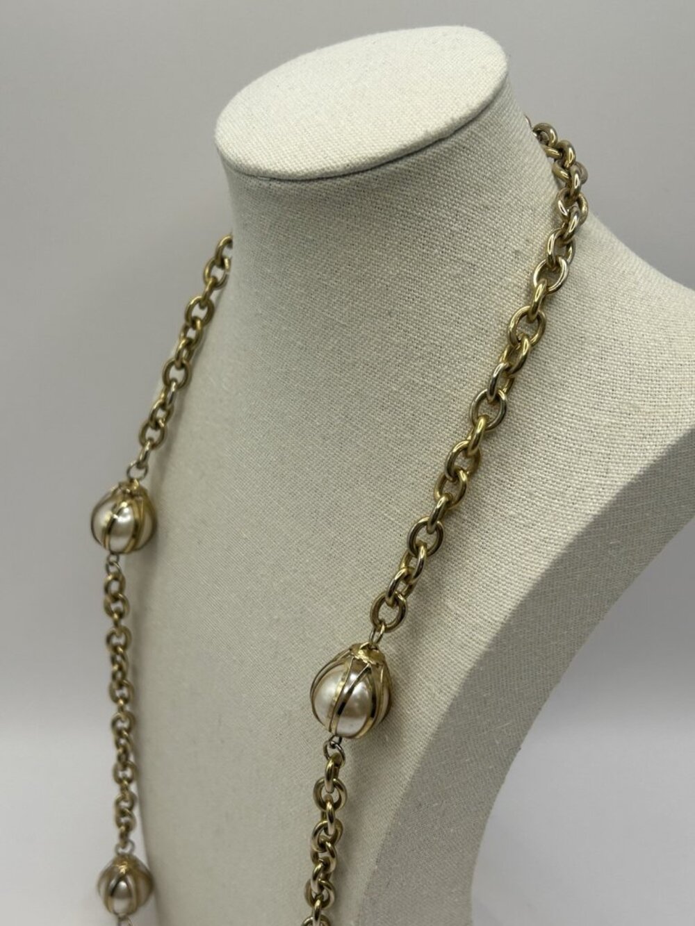 Vintage Gold Tone Chain Faux Pearl Bead Station Necklace Long 30” Cottagecore - Picture 12 of 15